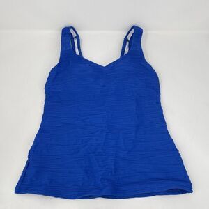 LANDS END Tankini Top Womens 2 Solid Blue Swim NEW Padded Ruched Slimming